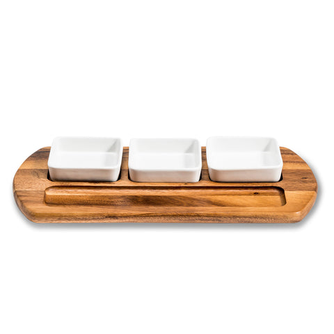 Charcuterie/ Serving Tray with three square ceramic bowls