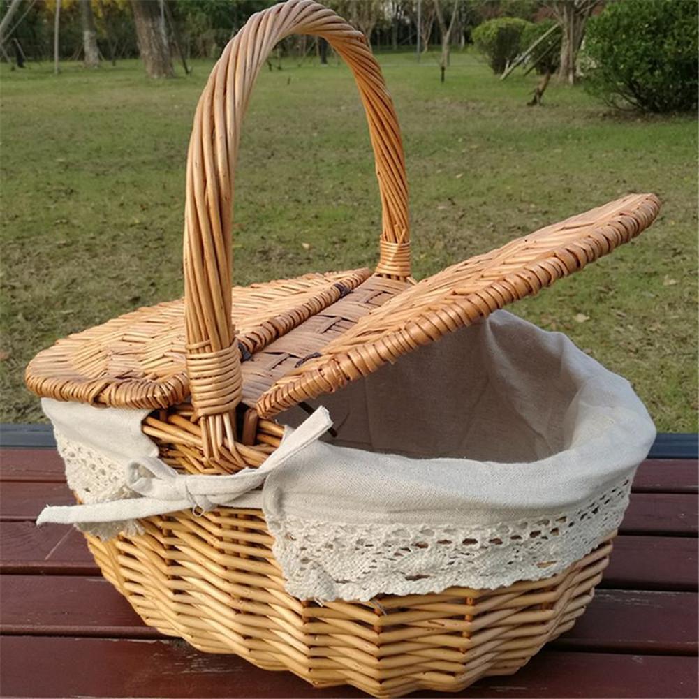Wicker Willow Woven Picnic Basket  Hamper as Shopping Bag with Lid and Handle Camping Picnic Shopping Food Fruit Picnic Basket
